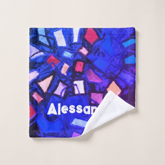 Monogram marineblauw roze kleurrijke fel abstract bad handdoek (Wasdoekje)