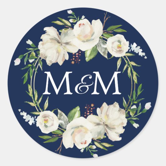 Monogram marineblauw Waterverf wit bloemenbruiloft Ronde Sticker (Voorkant)
