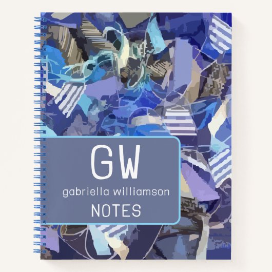 Monogram marineblauw wit gestreept nautisch abstra notitieboek (Voorkant)