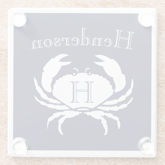 Monogram marineblauw witte krab glazen onderzetter (Achterkant)