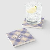 Monogram marineblauwe crème plaid tartan gingham stenen onderzetter (Zijkant)