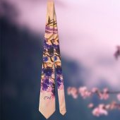 Monogram marineblauwe perzik paarse florale waterv stropdas