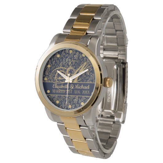 Monogram marinemacht Blue Gold Leaf Passen getrouw Horloge (Gekanteld)