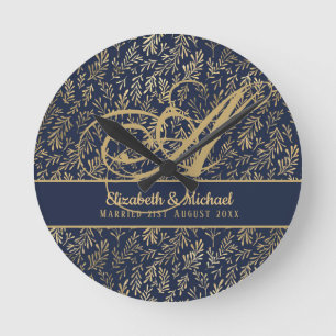 Monogram marinemacht Blue Gold Leaf Passen getrouw Ronde Klok