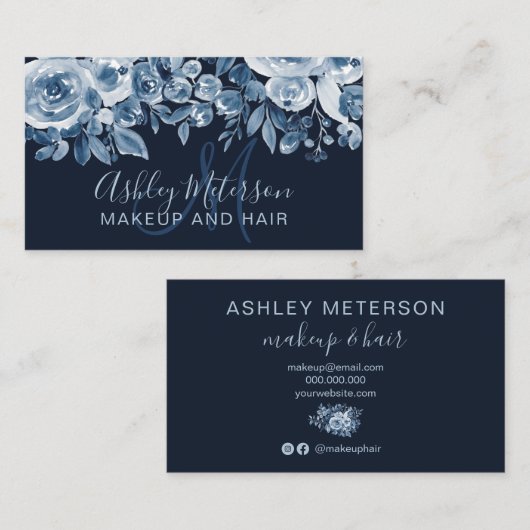 Monogram marinemuinenblauw waterverf chic make-up visitekaartje (Voorkant / Achterkant)
