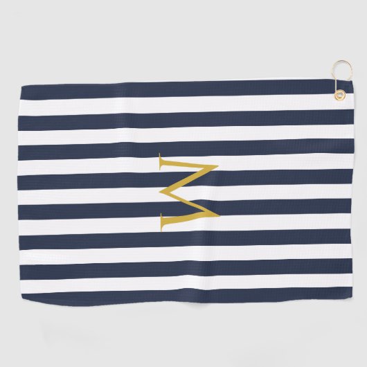 monogram marinesblauw en witte strepen gestreept golfhanddoek (Horizontaal)