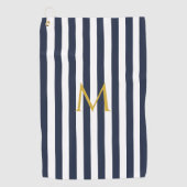 monogram marinesblauw en witte strepen gestreept golfhanddoek (Voorkant)