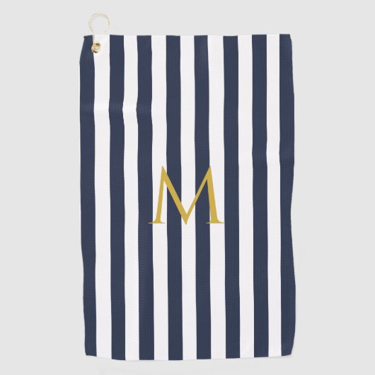 monogram marinesblauw en witte strepen gestreept golfhanddoek (Voorkant)