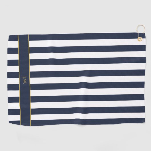  monogram marinesblauw en witte strepen gestreept golfhanddoek (Horizontaal)