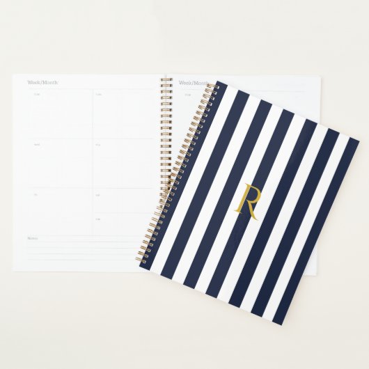  monogram marinesblauw en witte strepen gestreept planner (Display)