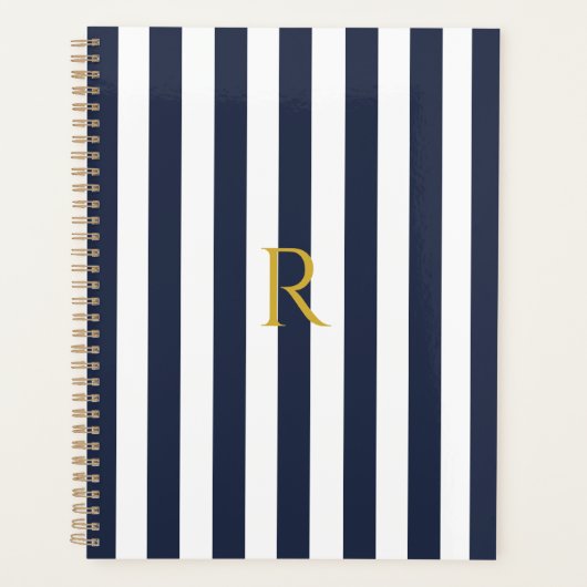  monogram marinesblauw en witte strepen gestreept planner (Voorkant)