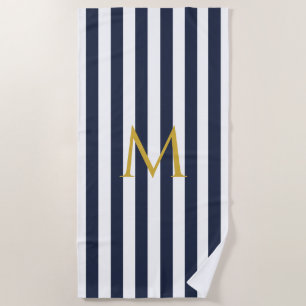 monogram marinesblauw en witte strepen gestreept strandlaken