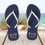 Monogram marinescheepvaart en koraal modern huweli teenslippers<br><div class="desc">Aangepast gedrukte flip flop sandalen gepersonaliseerd met een schattig hart en je monogram initialen en trouwdatum. Klik aanpassen het om tekstdoopvonten en kleuren te veranderen of uw eigen afbeeldingen toe te voegen om unieke één van een soortontwerp te creëer!</div>