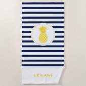 Monogram marinestreep met gele ananas | strandlaken (Voorkant)