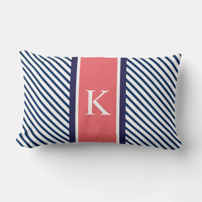 Monogram marinesurroe Blauwe Stripes & Coral Kussen (Voorkant)