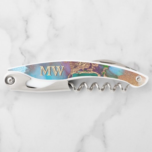 Monogram marmer geode pauock kleuren graniet chic kurkentrekker (Voorkant)