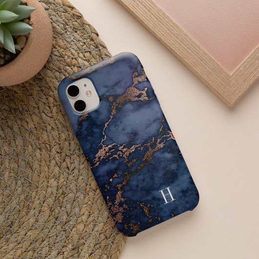 Monogram marmer Navy Blue en Copper Marble Case-Mate iPhone Case
