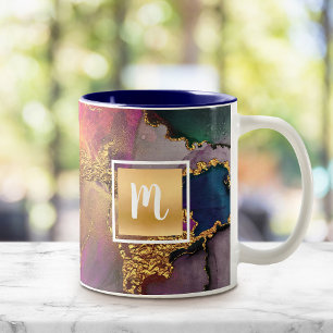 Monogram marmer waterverf goud paars groen blauw tweekleurige koffiemok