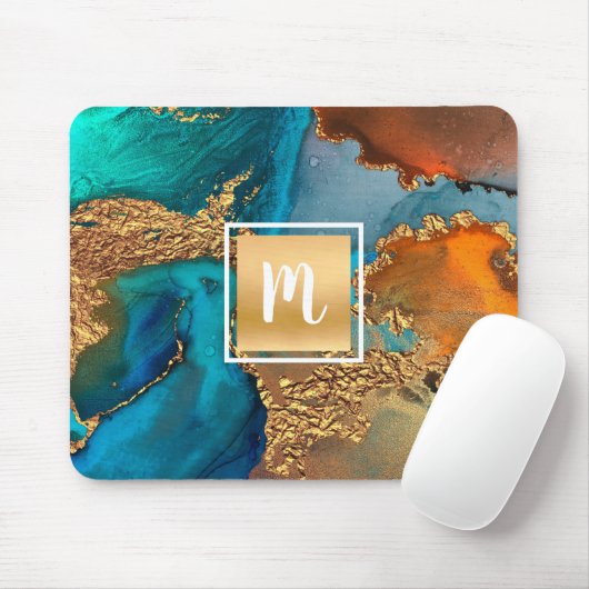 Monogram marmer waterverf goudturquoise & sinaasap muismat (Met muis)