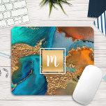 Monogram marmer waterverf goudturquoise & sinaasap muismat<br><div class="desc">Een sparkly, faux gouden folie vierkant met een initiaal van de manuscripttypografie bedekt een rijke, goudgroen, turquoise blauw, en gele oranje waterverf achtergrond op deze elegante, trendy, girale, monogramed mousepad. Maakt een stijlvolle en stijlvolle verklaring telkens als u het gebruikt. Een geweldig cadeau voor een vriend, maar ook voor jezelf....</div>