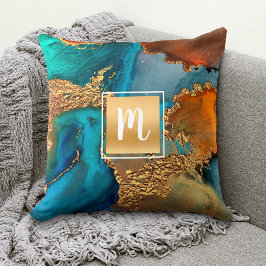 Monogram marmer waterverf goudturquoise sinaasappe kussen
