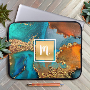 Monogram marmer waterverf goudturquoise sinaasappe laptop sleeve