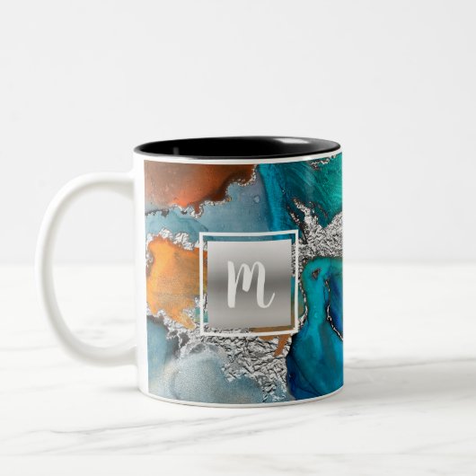 Monogram marmer waterverf zilverturquoise sinaasap tweekleurige koffiemok (Links)