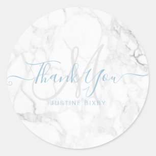 Monogram Marmeren Script Bedankt, DIY Dusty Blue Ronde Sticker
