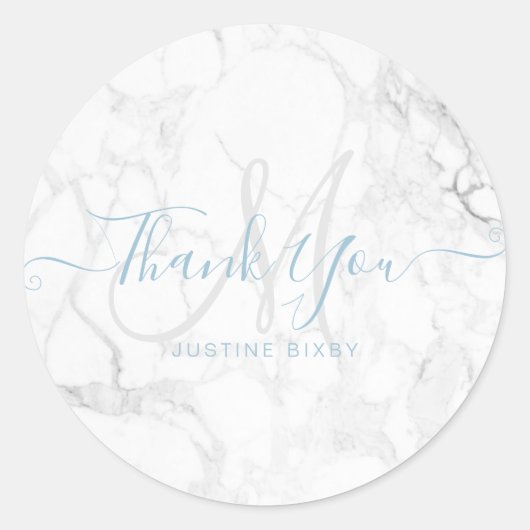 Monogram Marmeren Script Bedankt, DIY Dusty Blue Ronde Sticker (Voorkant)