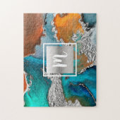 Monogram marmeren waterverf zilver turquoise oranj legpuzzel (Verticaal)