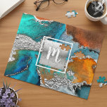 Monogram marmeren waterverf zilver turquoise oranj legpuzzel<br><div class="desc">Een glinsterend,  namaak zilverfolie vierkant met een monogramletter in schrijflettertype ligt over een rijke,  met zilver dooraderde,  turquoise blauwe en gele oranje aquarelachtige achtergrond op deze elegante,  trendy,  meisjesachtige,  moderne,  monogram jigsaw puzzel. Maakt een geweldig uniek,  op maat gemaakt,  persoonlijk cadeau voor iemand speciaal! Komt in een speciale cadeauverpakking.</div>