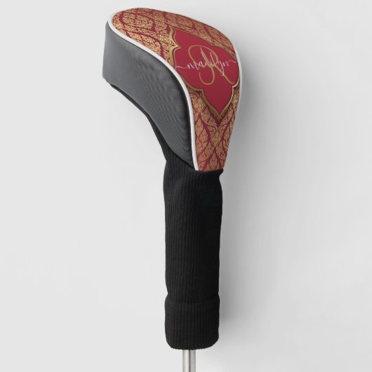 Monogram maroon Red Gold Fleur Damask Pattern Golfheadcover (Schuin)