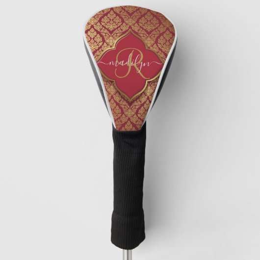 Monogram maroon Red Gold Fleur Damask Pattern Golfheadcover (Voorkant)