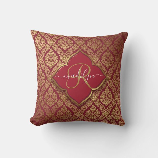 Monogram maroon Red Gold Fleur Damask Pattern Kussen (Voorkant)