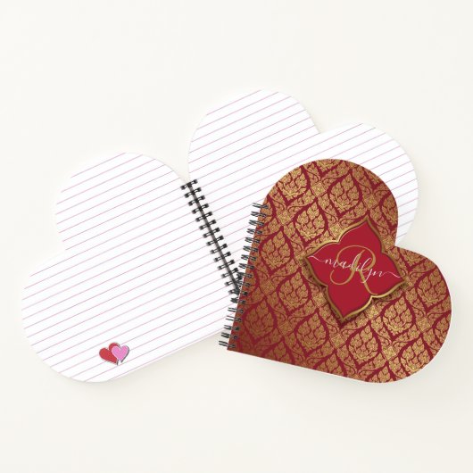 Monogram maroon Red Gold Fleur Damask Pattern Notitieboek (Binnen)