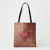 Monogram maroon Red Gold Fleur Damask Pattern Tote Bag (Voorkant)