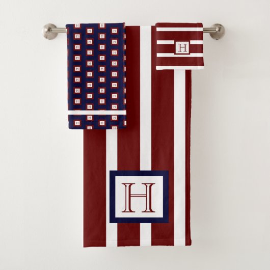 Monogram Maroon Red White Navy Blue Bad Handdoek (Insitu)