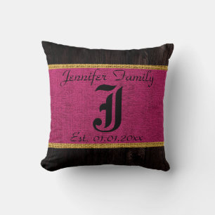 Monogram Maroon Rustic Burlap Linen Wood Kijk Kussen