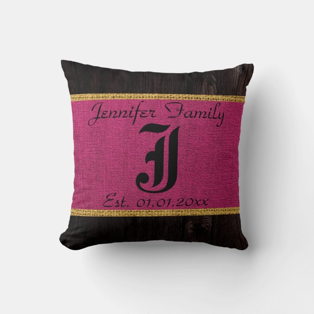 Monogram Maroon Rustic Burlap Linen Wood Kijk Kussen (Voorkant)