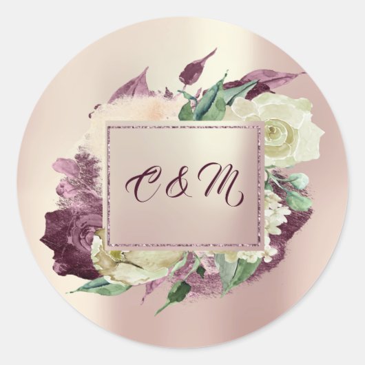 Monogram Marsala Bloem Ivory Mint Roos Goud Ronde Sticker (Voorkant)