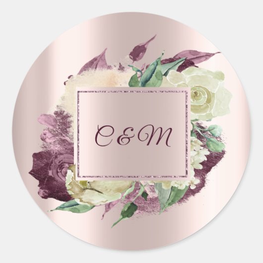 Monogram Marsala  Bloem Ivory Mint Roze Goud Ronde Sticker (Voorkant)
