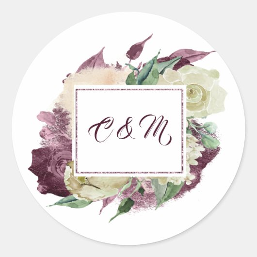 Monogram Marsala Bourgogne Ivoor Mint Wit Rozen Ronde Sticker (Voorkant)