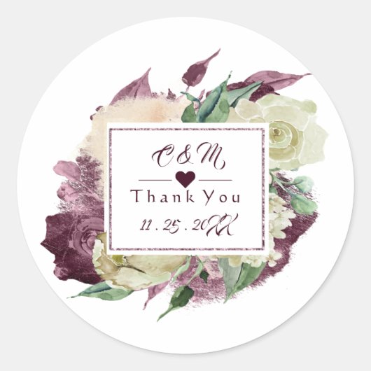 Monogram Marsala Bourgondiër Bruiloft Favor Floral Ronde Sticker (Voorkant)