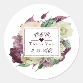 Monogram Marsala Burgund Trouwgunst Bloemenroest Ronde Sticker