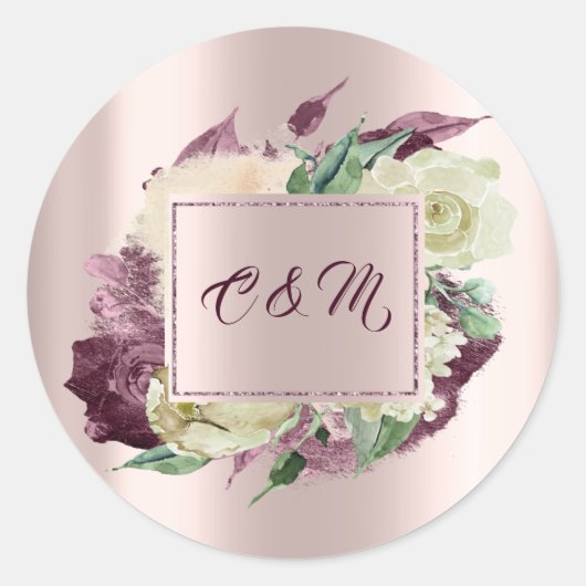 Monogram Marsala Floral Ivory Mint Roos Gold Ronde Sticker (Voorkant)
