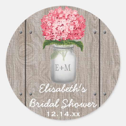 Monogram Mason Jar Fuchsia Hydrangea-Vrijgezellenf Ronde Sticker (Voorkant)