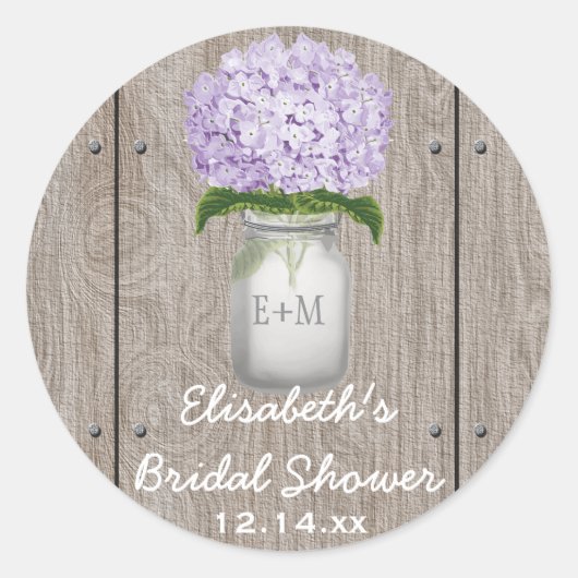 Monogram Mason Jar Paarse Hydrangea Vrijgezellenfe Ronde Sticker (Voorkant)