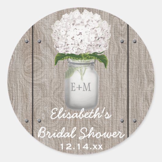 Monogram Mason Jar White Hydrangea Vrijgezellenfee Ronde Sticker (Voorkant)