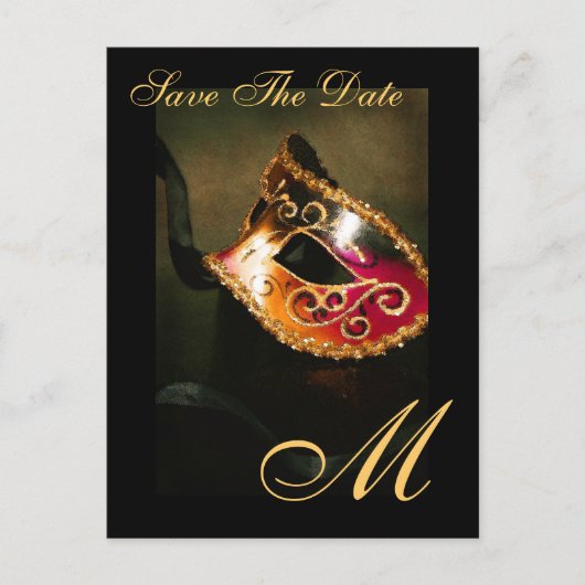 Monogram Masqurademasker Save the Date Briefkaart (Voorkant)