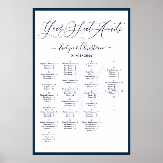Monogram Matig Manuscript DIY Color Seating Chart Poster (Voorkant)